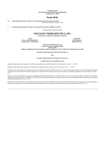 Thumbnail VistaGen Therapeutics
 10-K Annual Report 2013