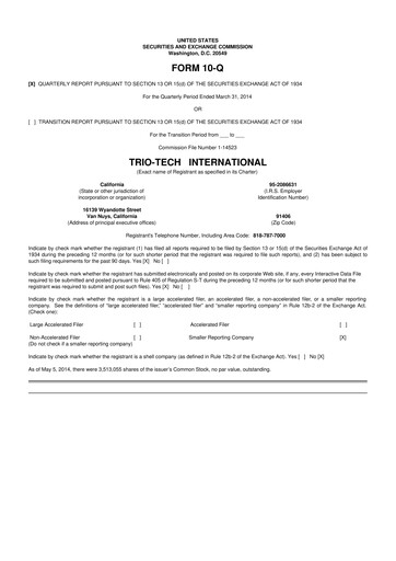 Thumbnail Trio-Tech International 10-Q Quarterly Report FY2014 Q3