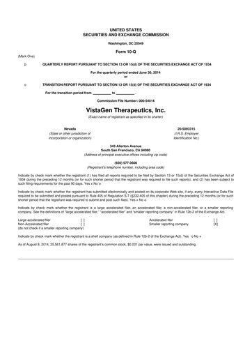 Thumbnail VistaGen Therapeutics
 10-Q Quarterly Report FY2014 