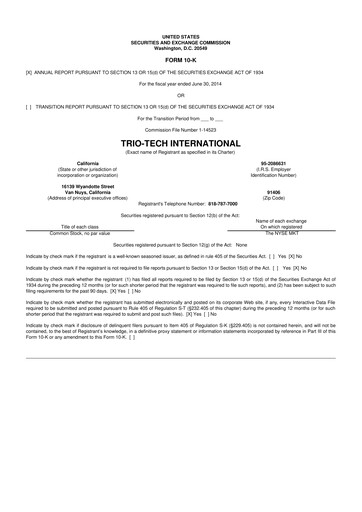 Thumbnail Trio-Tech International 10-K Annual Report 2014