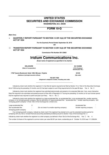 Thumbnail Iridium Communications 10-Q Quarterly Report FY2018 