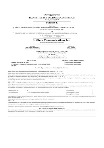 Thumbnail Iridium Communications 10-K Annual Report 2018