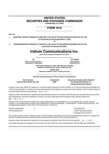 Thumbnail Iridium Communications 10-Q Quarterly Report FY2020 