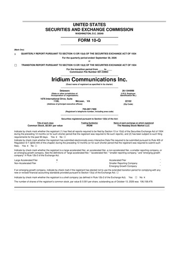 Thumbnail Iridium Communications 10-Q Quarterly Report FY2026 Q3