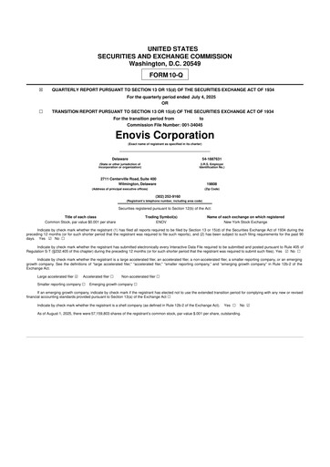 Miniature Enovis 10-Q Rapport trimestriel 2025 