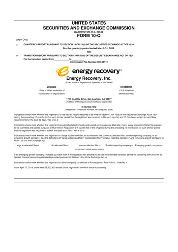 Thumbnail Energy Recovery
 10-Q Quarterly Report FY2018 
