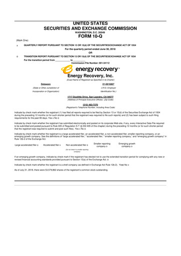 Thumbnail Energy Recovery
 10-Q Quarterly Report FY2018 