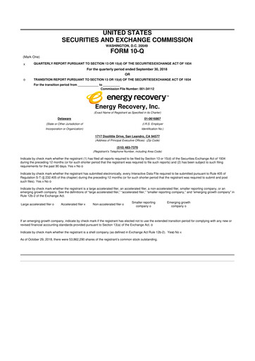 Thumbnail Energy Recovery
 10-Q Quarterly Report FY2018 