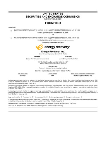 Thumbnail Energy Recovery
 10-Q Quarterly Report FY2020 