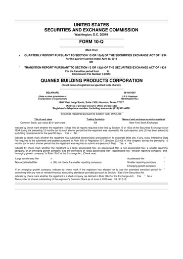 Thumbnail Quanex Building Products 10-Q Quarterly Report FY2019 
