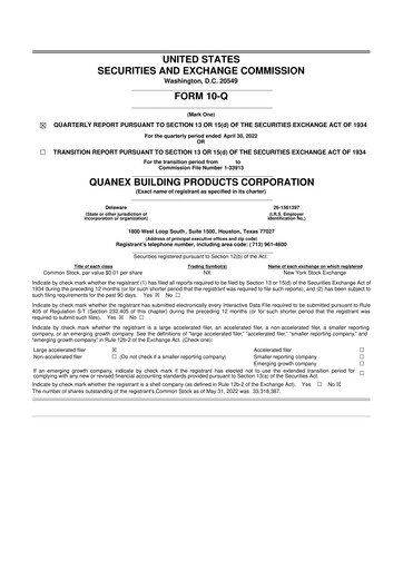 Thumbnail Quanex Building Products 10-Q Quarterly Report FY2022 