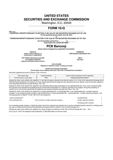 Vorschaubild PCB Bancorp 10-Q Quartalsbericht 2019 