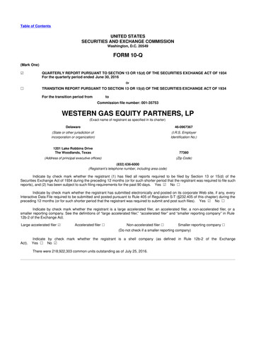 Miniature Western Midstream
 10-Q Rapport trimestriel 2016 