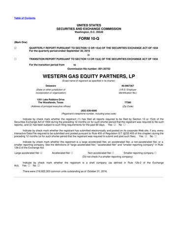 Miniature Western Midstream
 10-Q Rapport trimestriel 2016 