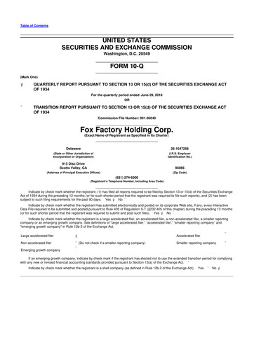 Thumbnail Fox Factory Holding 10-Q Quarterly Report FY2018 