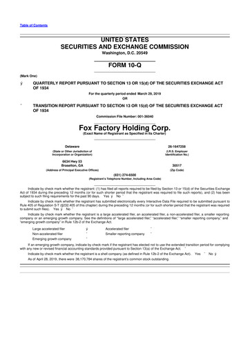 Thumbnail Fox Factory Holding 10-Q Quarterly Report FY2019 