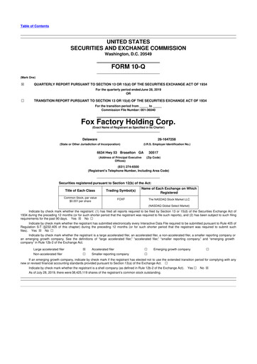 Thumbnail Fox Factory Holding 10-Q Quarterly Report FY2019 