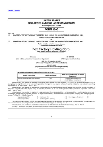 Thumbnail Fox Factory Holding 10-Q Quarterly Report FY2020 