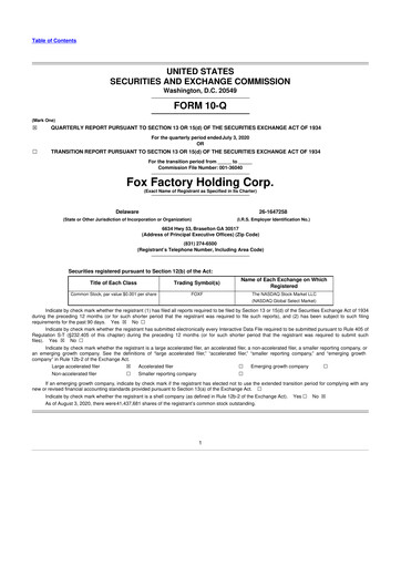 Thumbnail Fox Factory Holding 10-Q Quarterly Report FY2020 