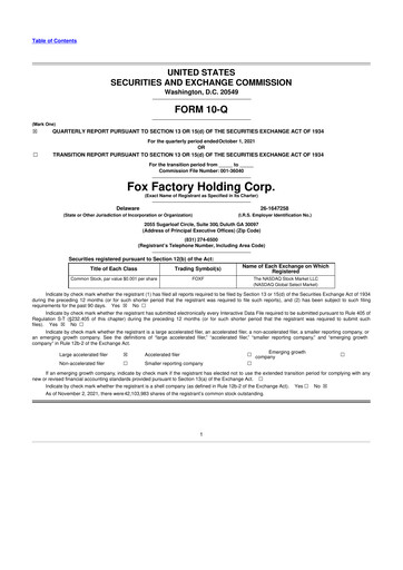 Thumbnail Fox Factory Holding 10-Q Quarterly Report FY2021 