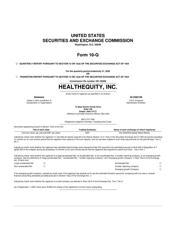 Miniature HealthEquity 10-Q Rapport trimestriel 2021 