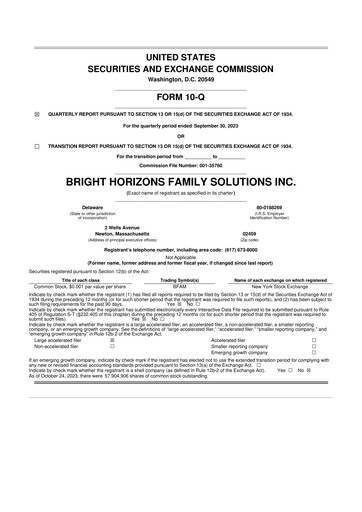 Miniature Bright Horizons 10-Q Rapport trimestriel 2023 