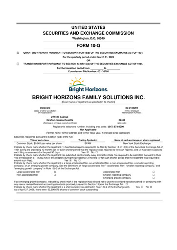 Thumbnail Bright Horizons 10-Q Quarterly Report FY 