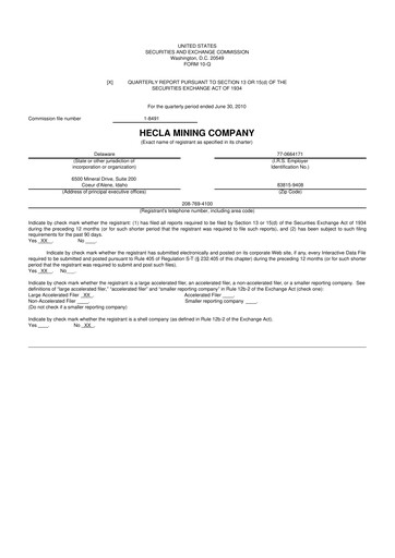 Miniature Hecla Mining
 10-Q Rapport trimestriel 2010 
