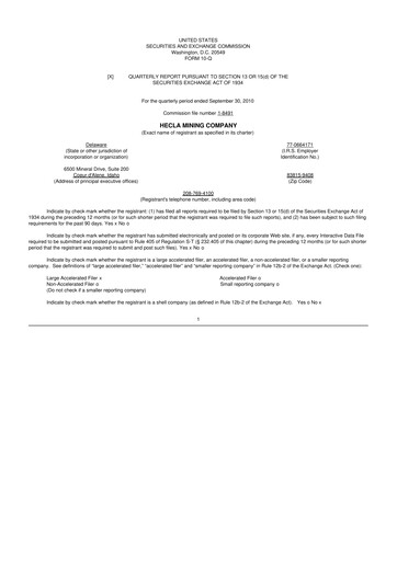 Miniature Hecla Mining
 10-Q Rapport trimestriel 2010 