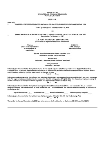Thumbnail J. B. Hunt
 10-Q Quarterly Report FY2010 