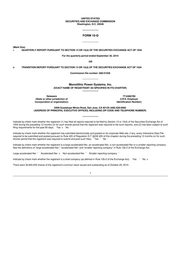 Miniature Monolithic Power Systems 10-Q Rapport trimestriel  