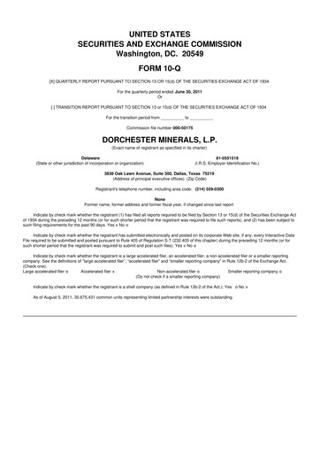 Thumbnail Dorchester Minerals 10-Q Quarterly Report FY2011 
