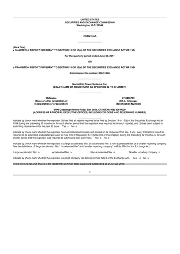 Miniature Monolithic Power Systems 10-Q Rapport trimestriel 2011 