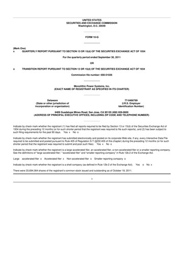 Miniature Monolithic Power Systems 10-Q Rapport trimestriel 2011 