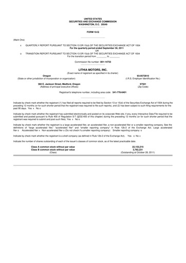 Vorschaubild Lithia Motors 10-Q Quartalsbericht 2011 