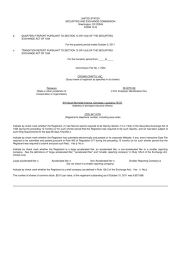 Miniature Crown Crafts 10-Q Rapport trimestriel 2012 