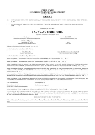 Thumbnail J&J Snack Foods
 10-K Annual Report 2011