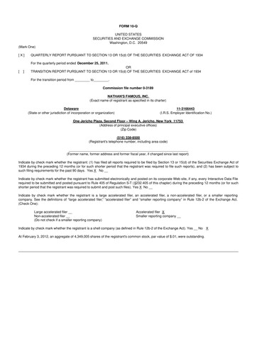 Miniature Nathan's Famous 10-Q Rapport trimestriel 2012 