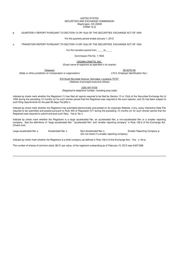 Miniature Crown Crafts 10-Q Rapport trimestriel 2012 