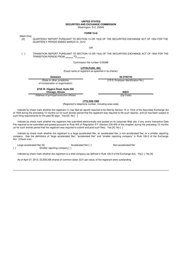 Miniature Littelfuse 10-Q Rapport trimestriel 2012 