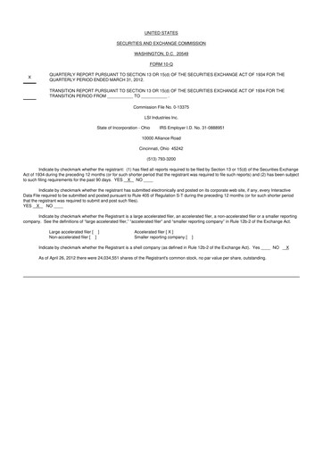 Miniature LSI Industries 10-Q Rapport trimestriel 2012 