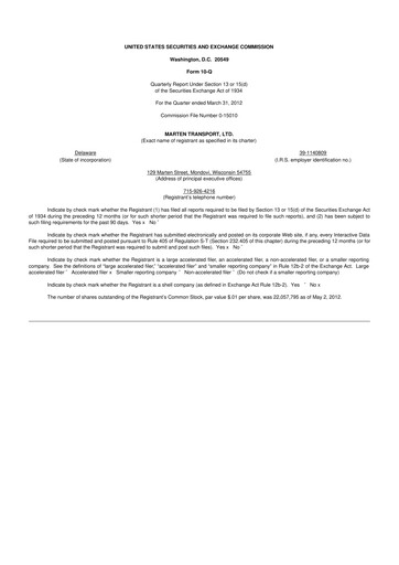 Thumbnail Marten Transport 10-Q Quarterly Report FY2012 