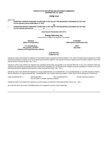 Thumbnail Energy Recovery
 10-Q Quarterly Report FY2012 