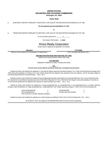 Vorschaubild Kimco Realty
 10-Q Quartalsbericht 2012 