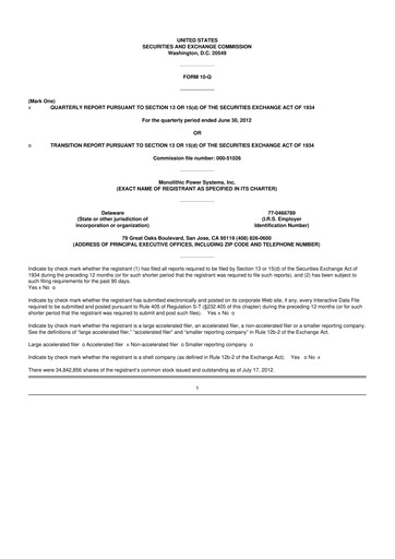 Miniature Monolithic Power Systems 10-Q Rapport trimestriel  