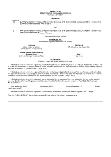 Miniature Littelfuse 10-Q Rapport trimestriel 2012 