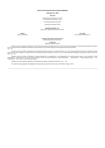 Thumbnail Marten Transport 10-Q Quarterly Report FY2012 