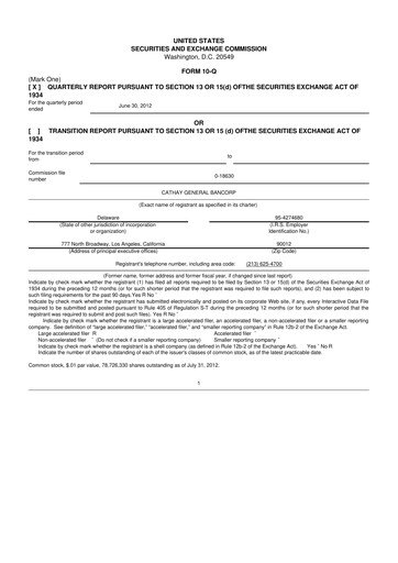 Thumbnail Cathay General Bancorp 10-Q Quarterly Report FY2012 