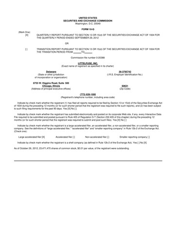 Miniature Littelfuse 10-Q Rapport trimestriel 2012 