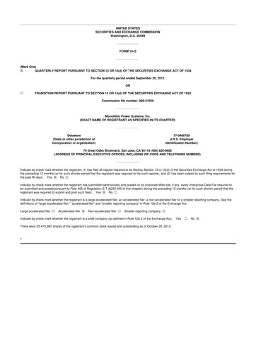 Miniature Monolithic Power Systems 10-Q Rapport trimestriel 2012 